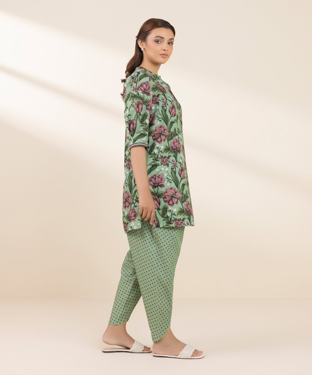 Women's Unstitched Khaddar Printed Green 2 Piece Suit