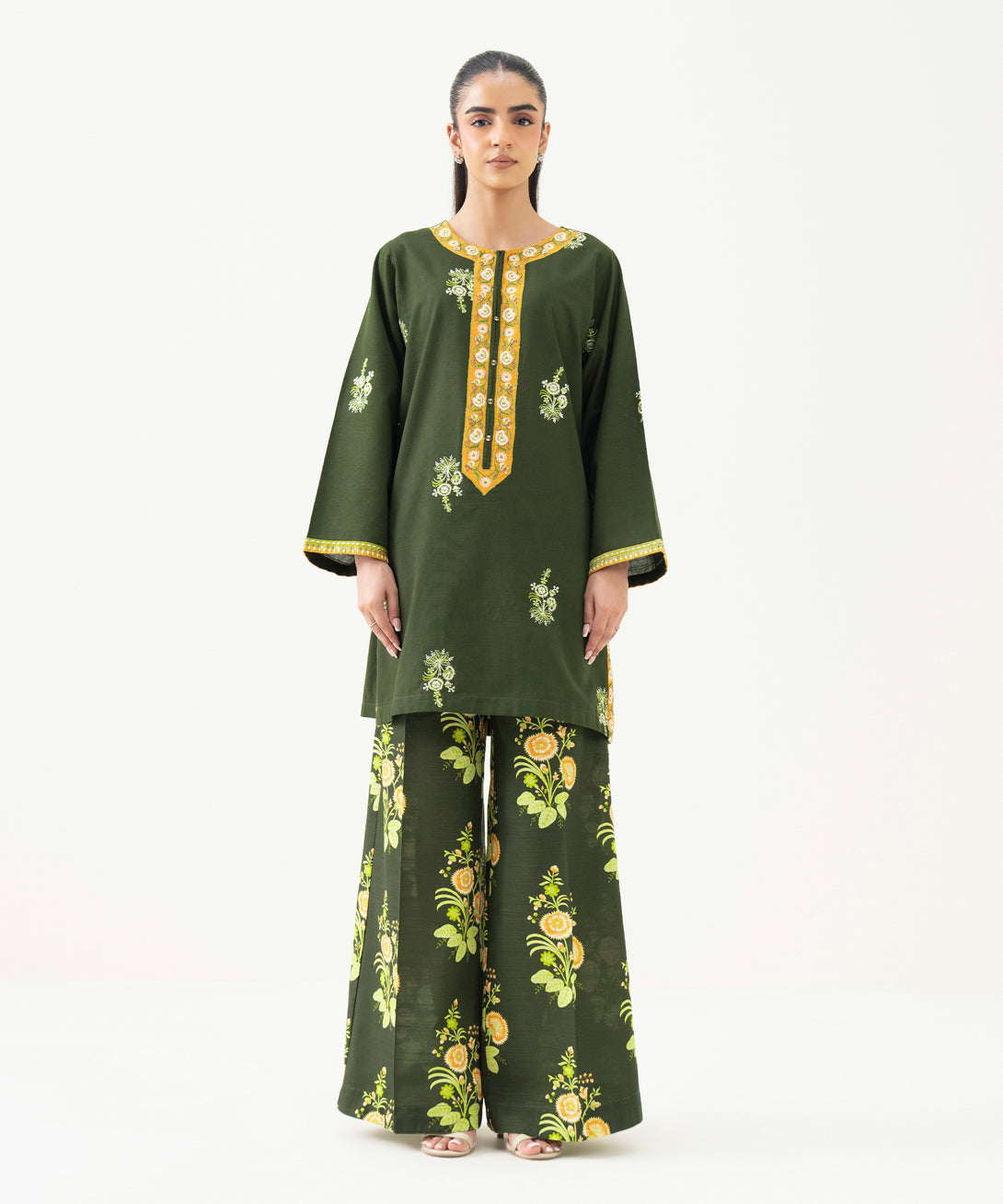 Women's RTW Cambric Green Embroidered Straight Shirt