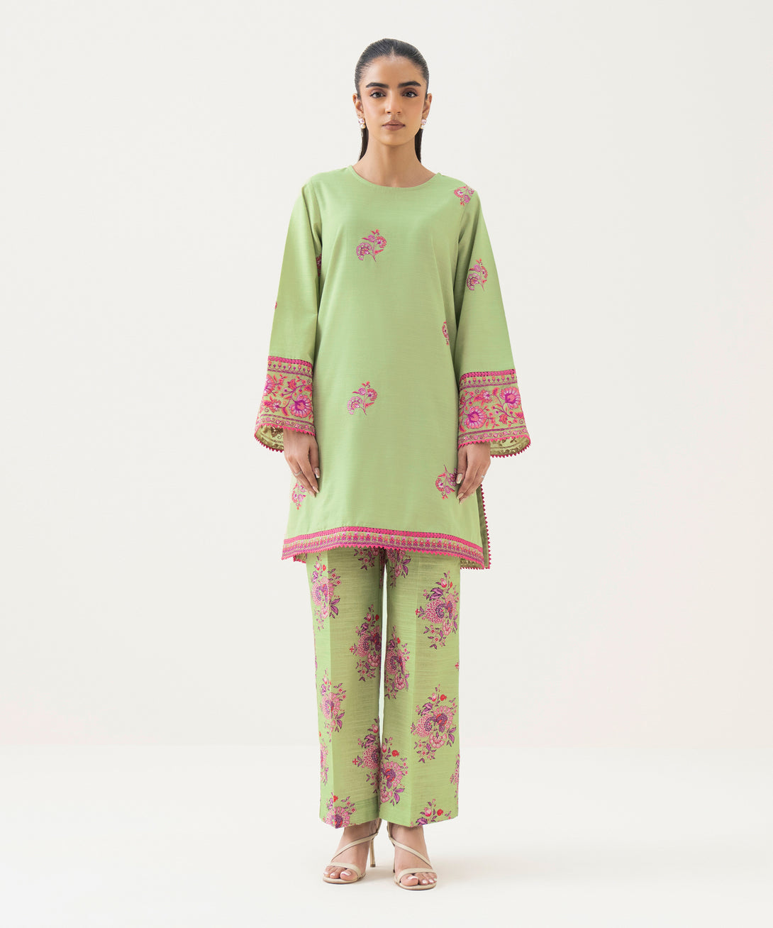 Women's RTW Cambric Green Embroidered Straight Shirt