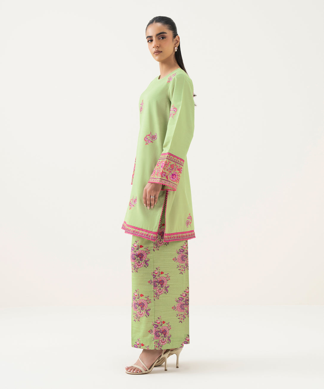 Women's RTW Cambric Green Embroidered Straight Shirt
