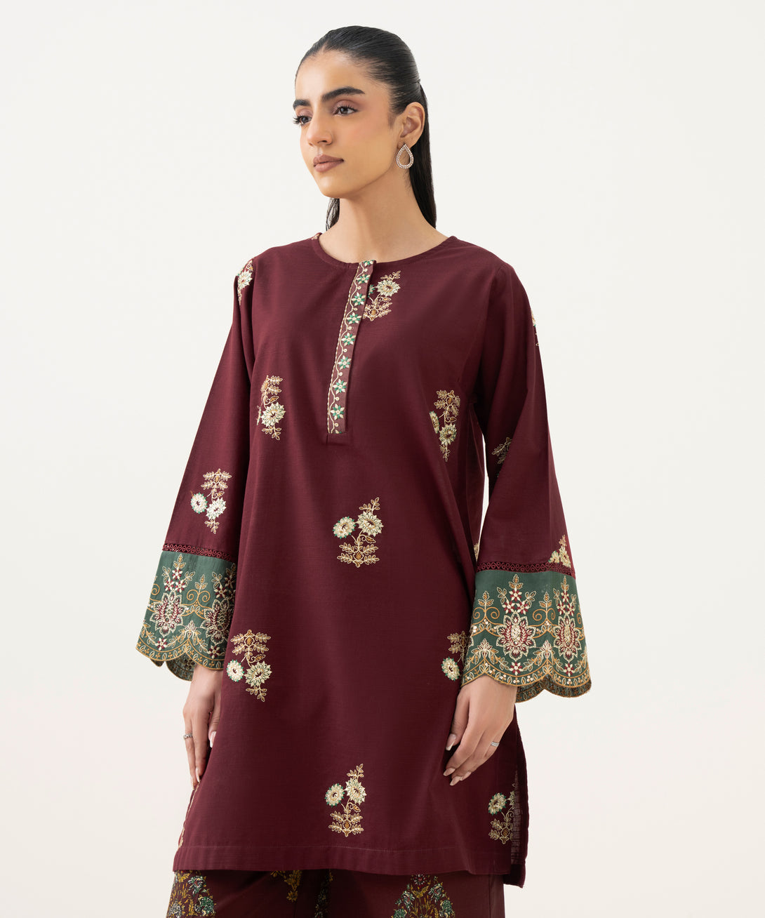 Women's RTW Cambric Red Embroidered Straight Shirt