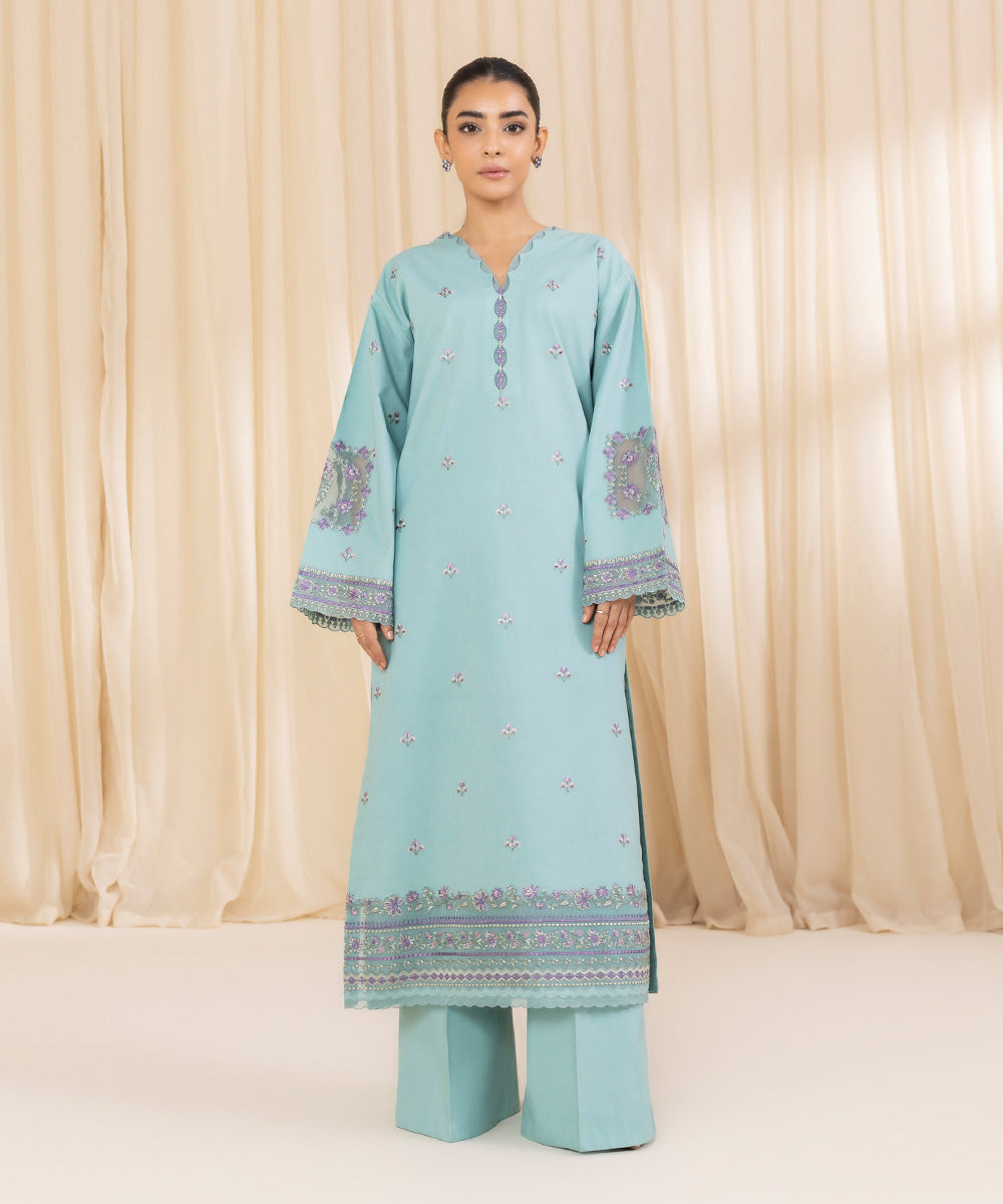 Women's Unstitched Embroidered Ice Blue Cambric Shirt and Trousers