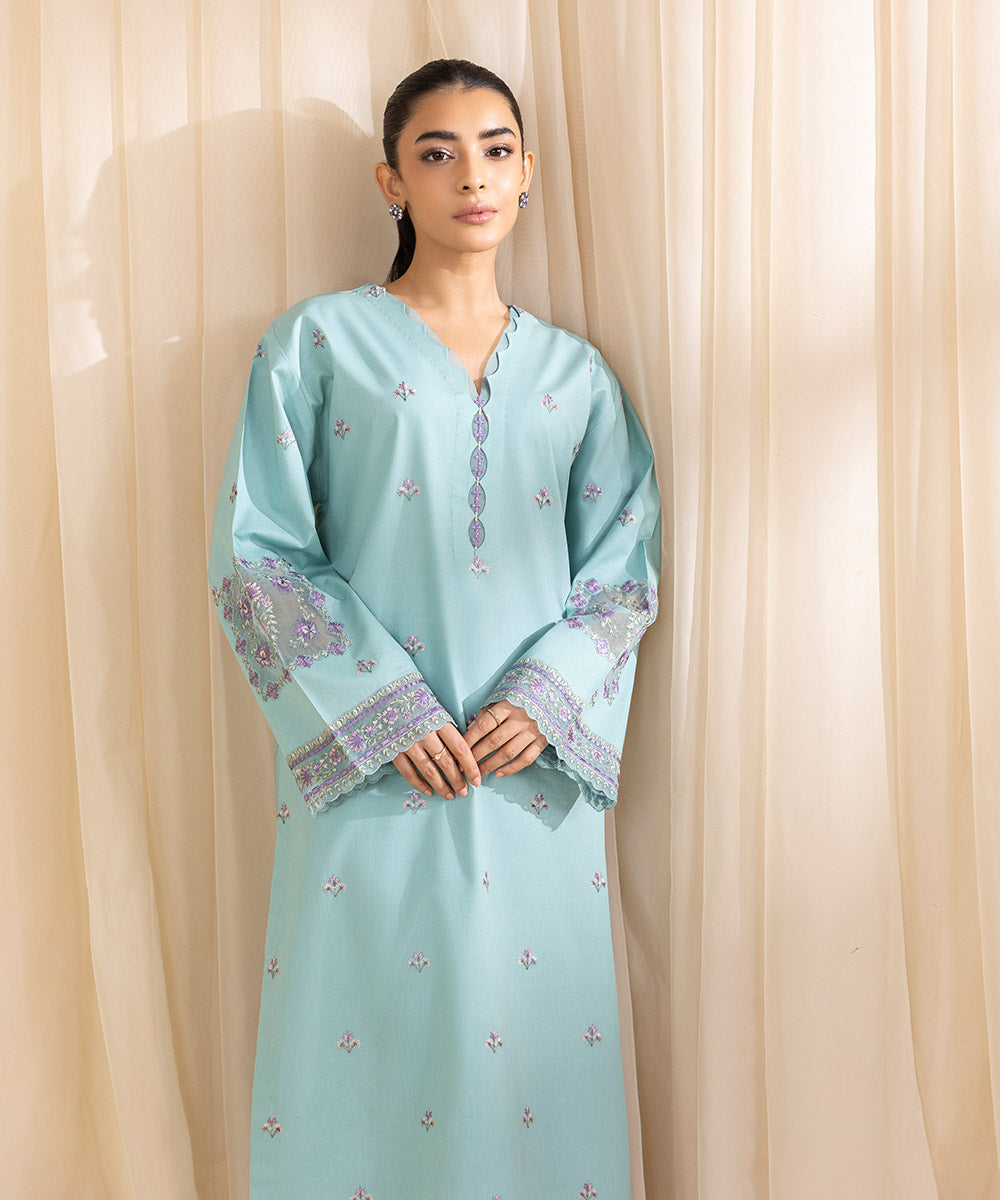 Women's Unstitched Embroidered Ice Blue Cambric Shirt and Trousers