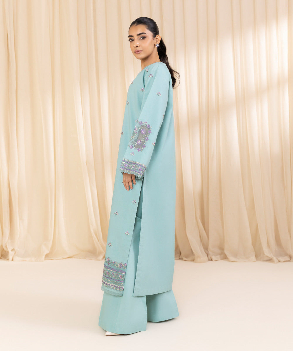 Women's Unstitched Embroidered Ice Blue Cambric Shirt and Trousers