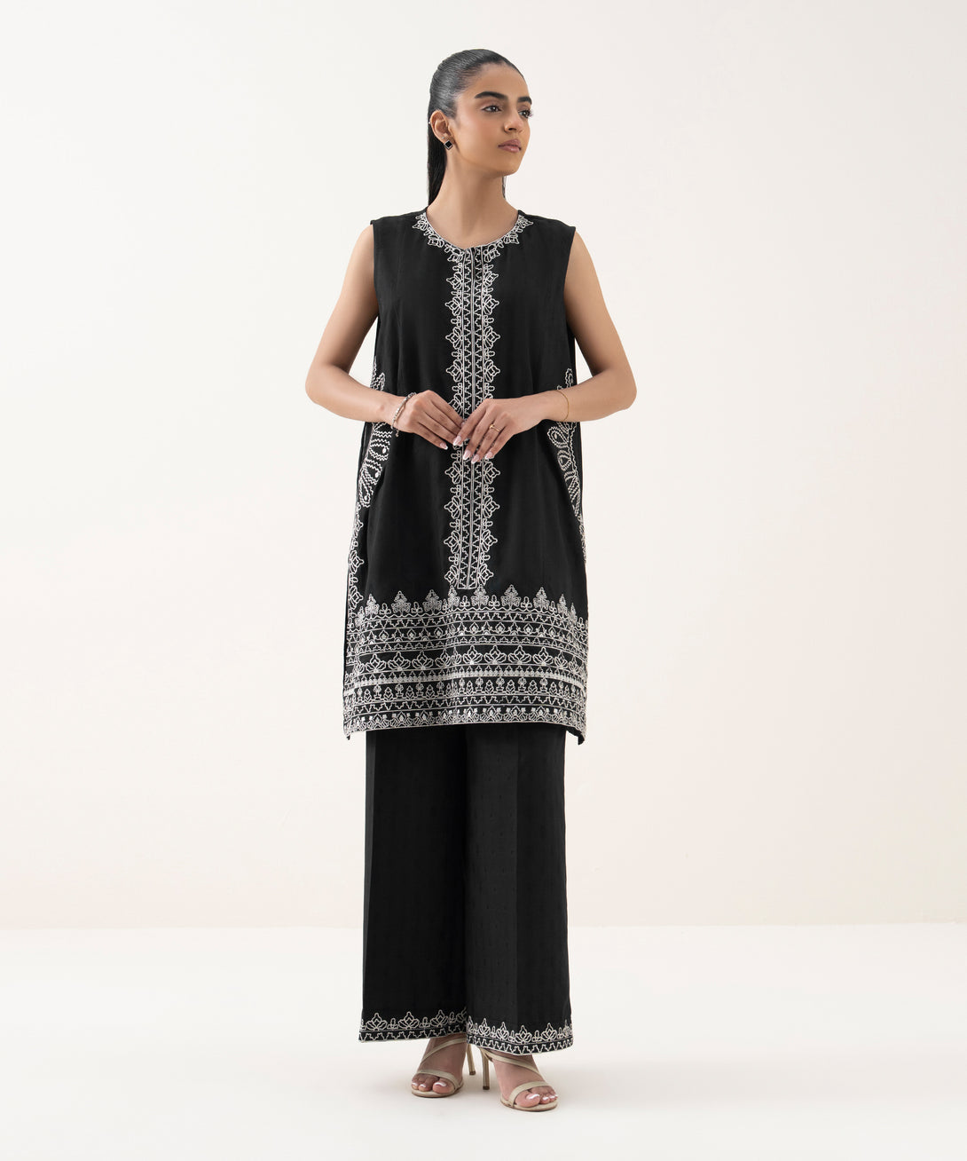 Women's RTW Cotton Jacquard Embroidered Black Straight Shirt
