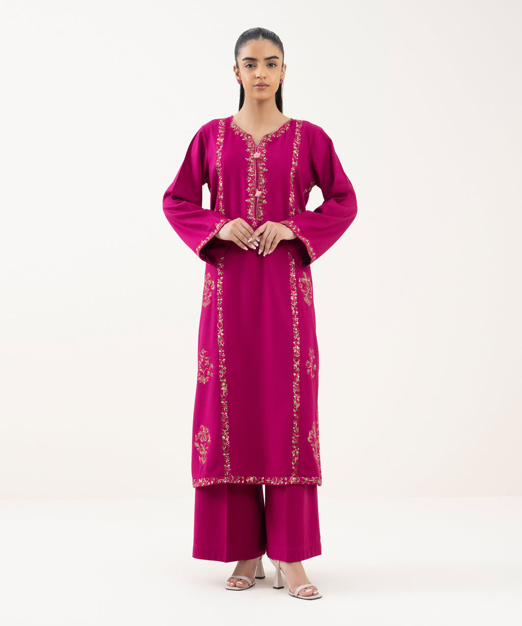 Women's RTW Cotton Viscose Embroidered Pink A-Line Shirt
