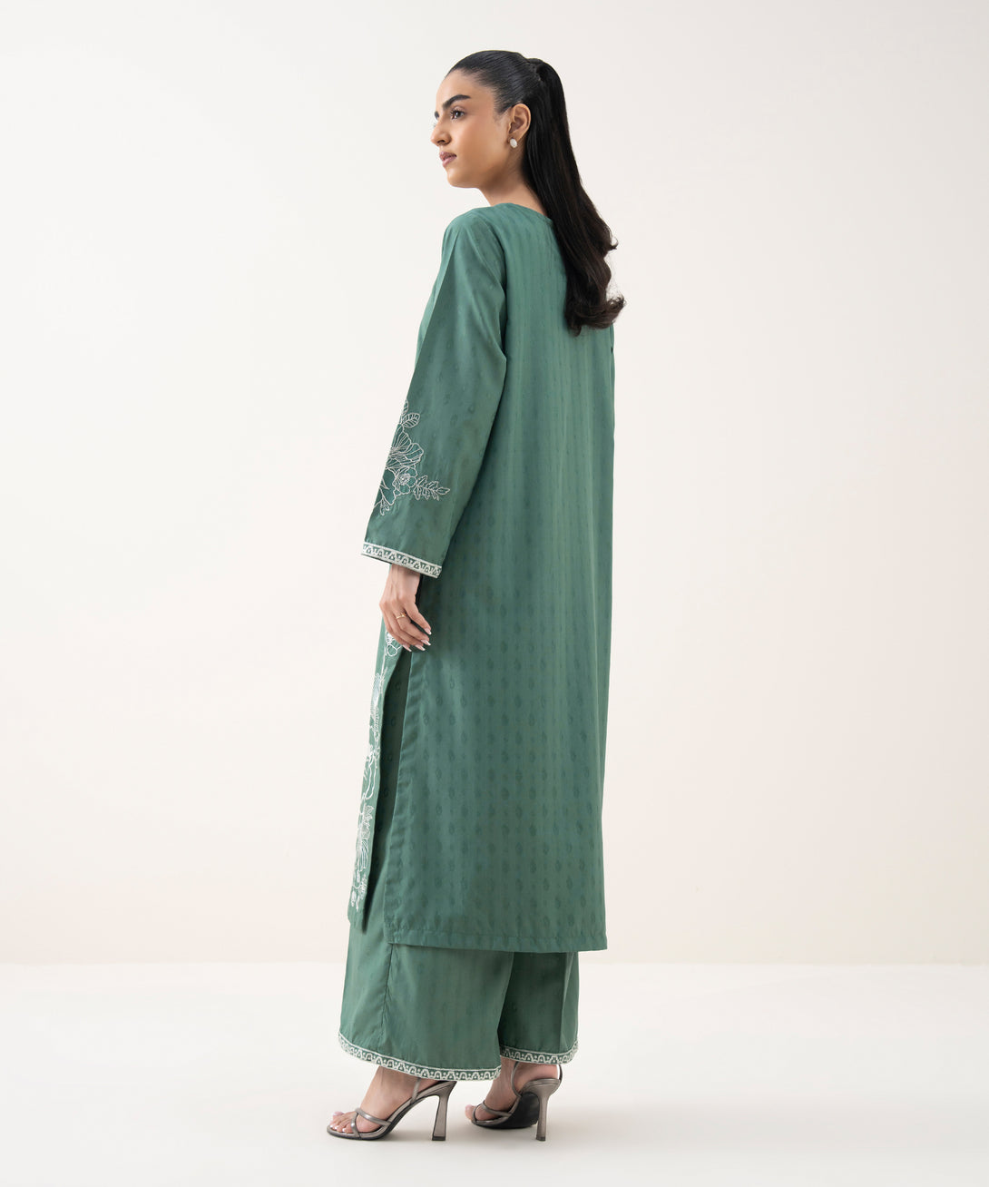 Women's RTW Cotton Jacquard Embroidered Green A-Line Shirt