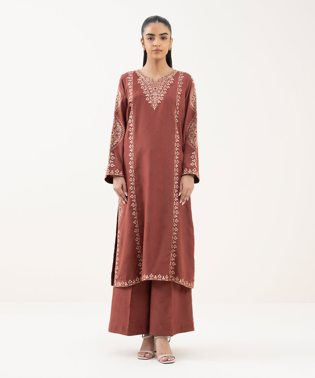 Women's RTW Cotton Jacquard Embroidered Red A-Line Shirt