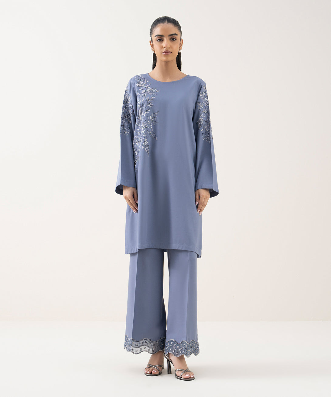 Women's RTW Cotton Viscose Embroidered Blue Straight Shirt
