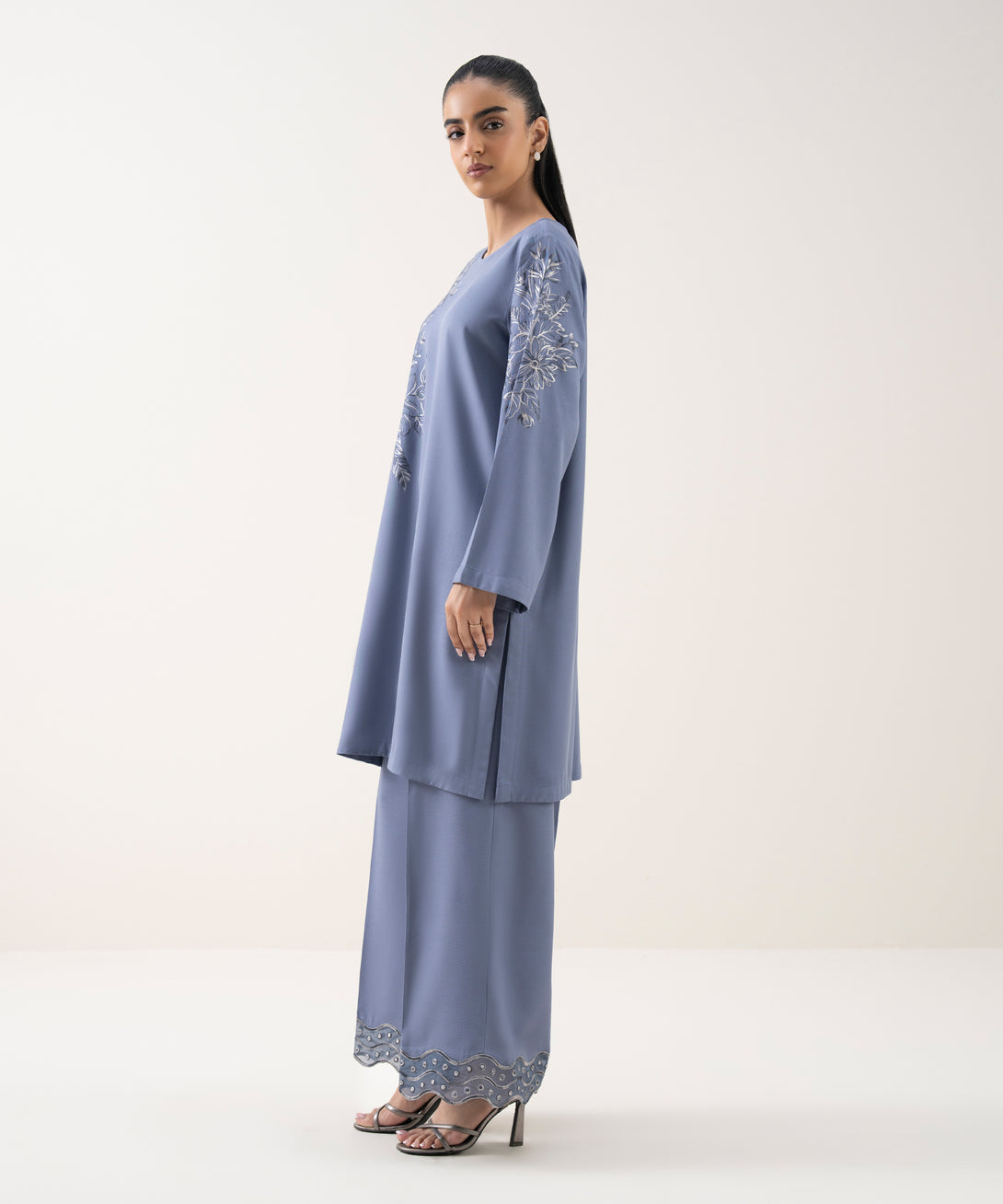 Women's RTW Cotton Viscose Embroidered Blue Straight Shirt