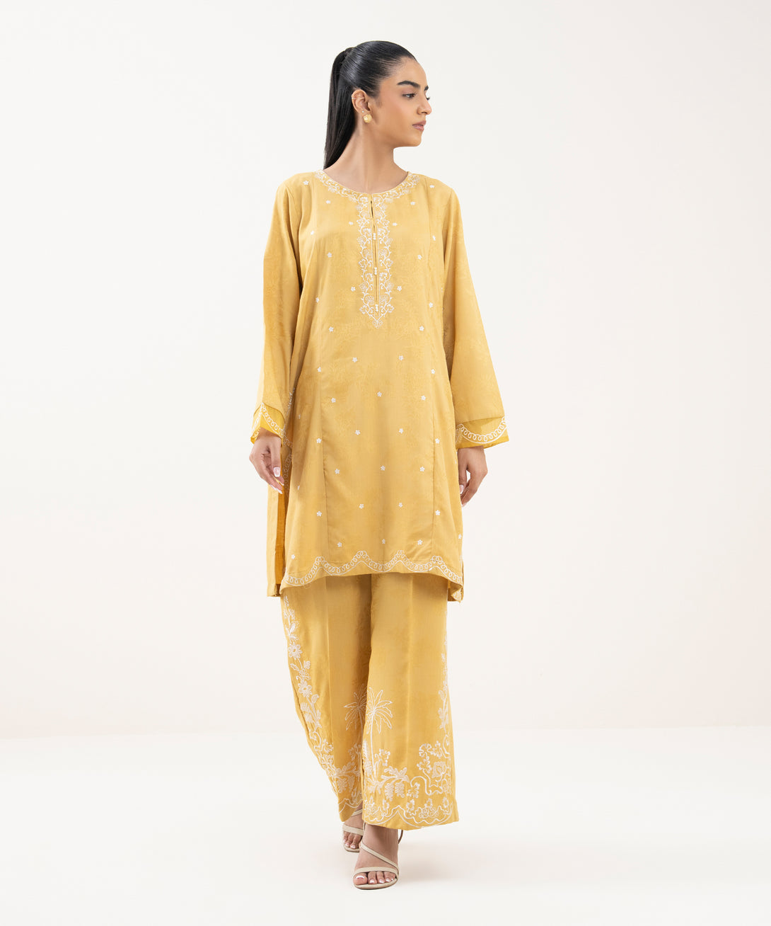 Women's RTW Cotton Jacquard Embroidered Yellow Straight Shirt