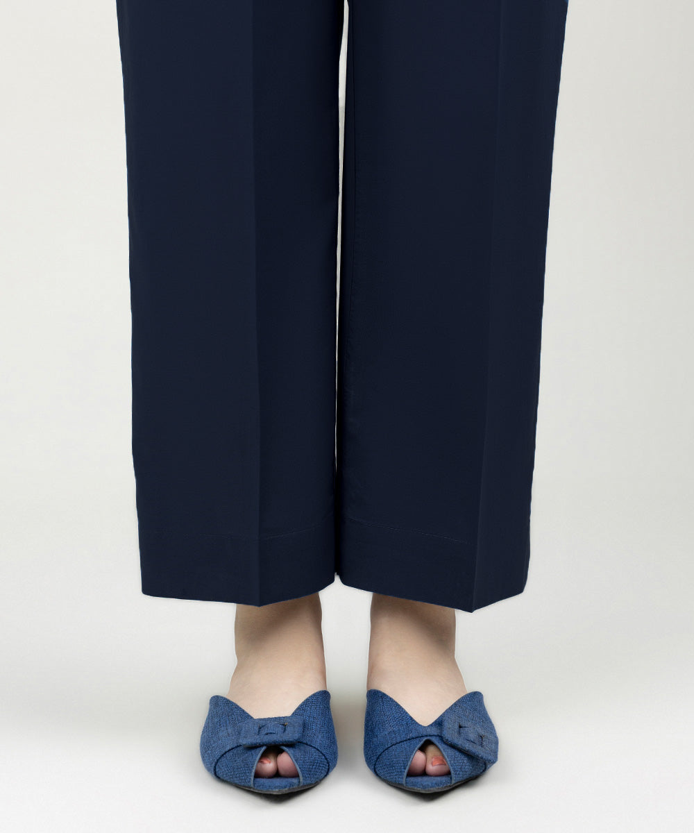 Women's Pret Linen Solid Navy Blue Straight Pants