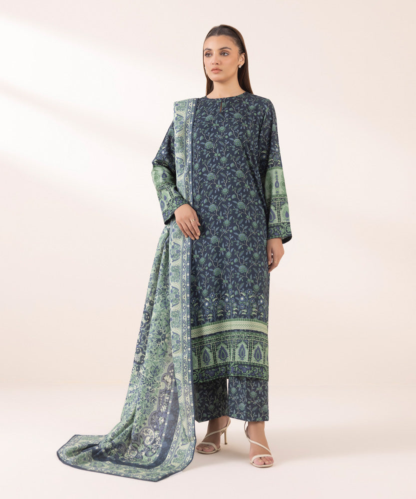 Women's Pret Printed Mint And Navy Blue Light Khaddar Dupatta