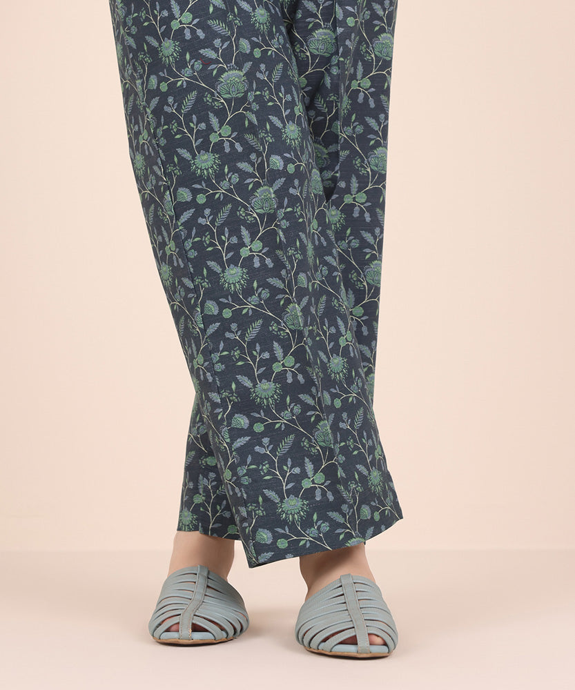 Women's Pret Printed Navy Blue Khaddar Straight Trousers