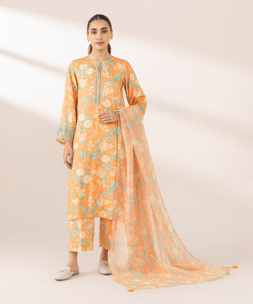 Blended Net Orange Printed Dupatta