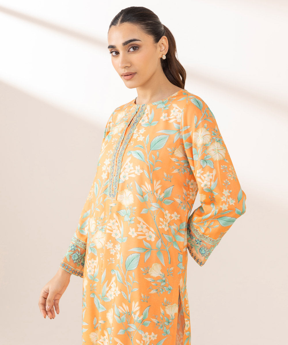 Women's Pret Arabic Lawn Embroidered Orange A-Line Shirt