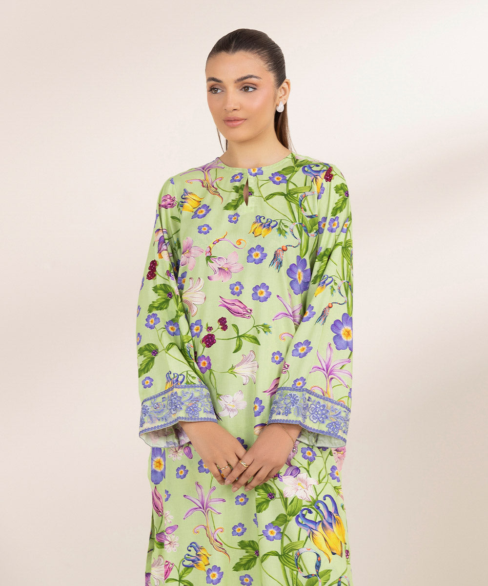 Women's Pret Arabic Lawn Embroidered Green A-Line Shirt