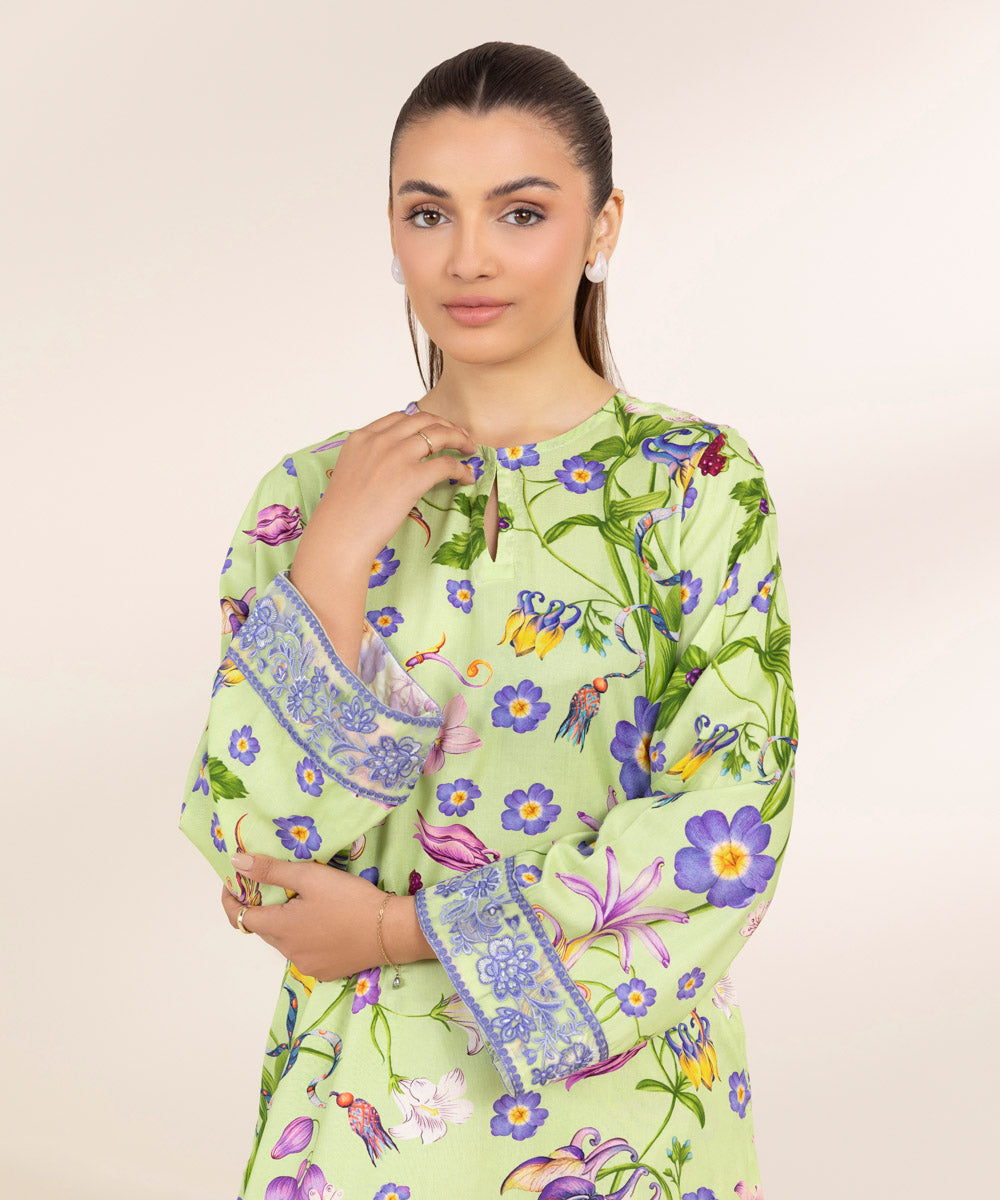 Women's Pret Arabic Lawn Embroidered Green A-Line Shirt