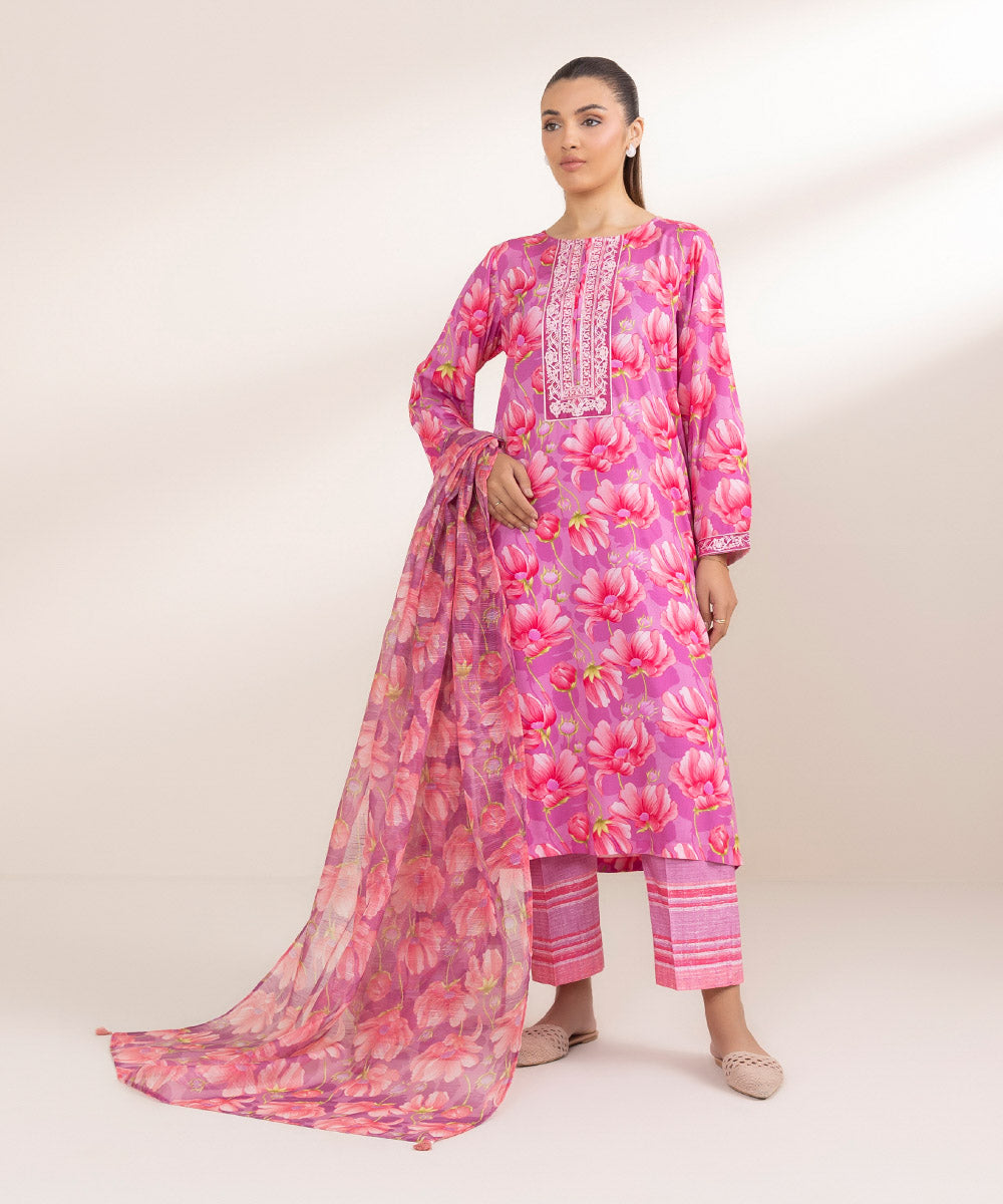 Blended Net Pink Printed Dupatta