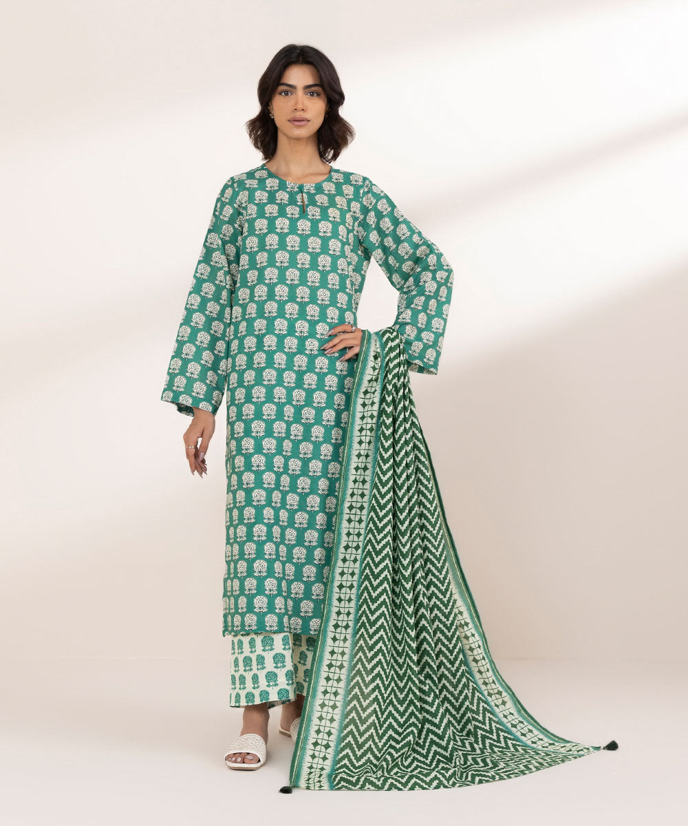 Textured Voile Green Printed Dupatta