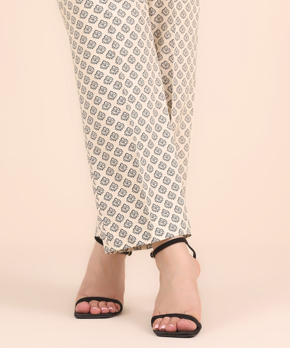Women's RTW Cambric Off White Printed Straight Pants