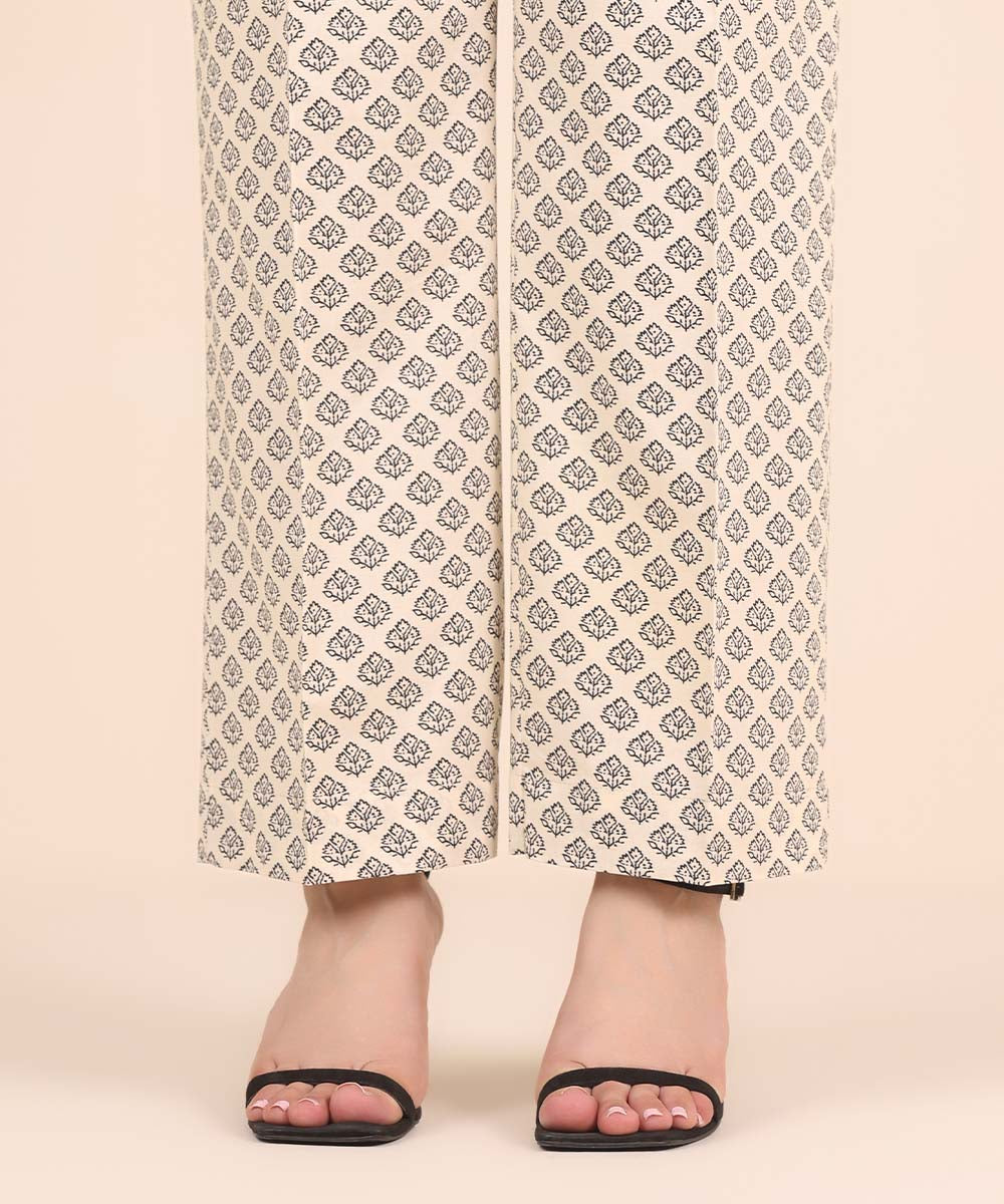 Women's RTW Cambric Off White Printed Straight Pants