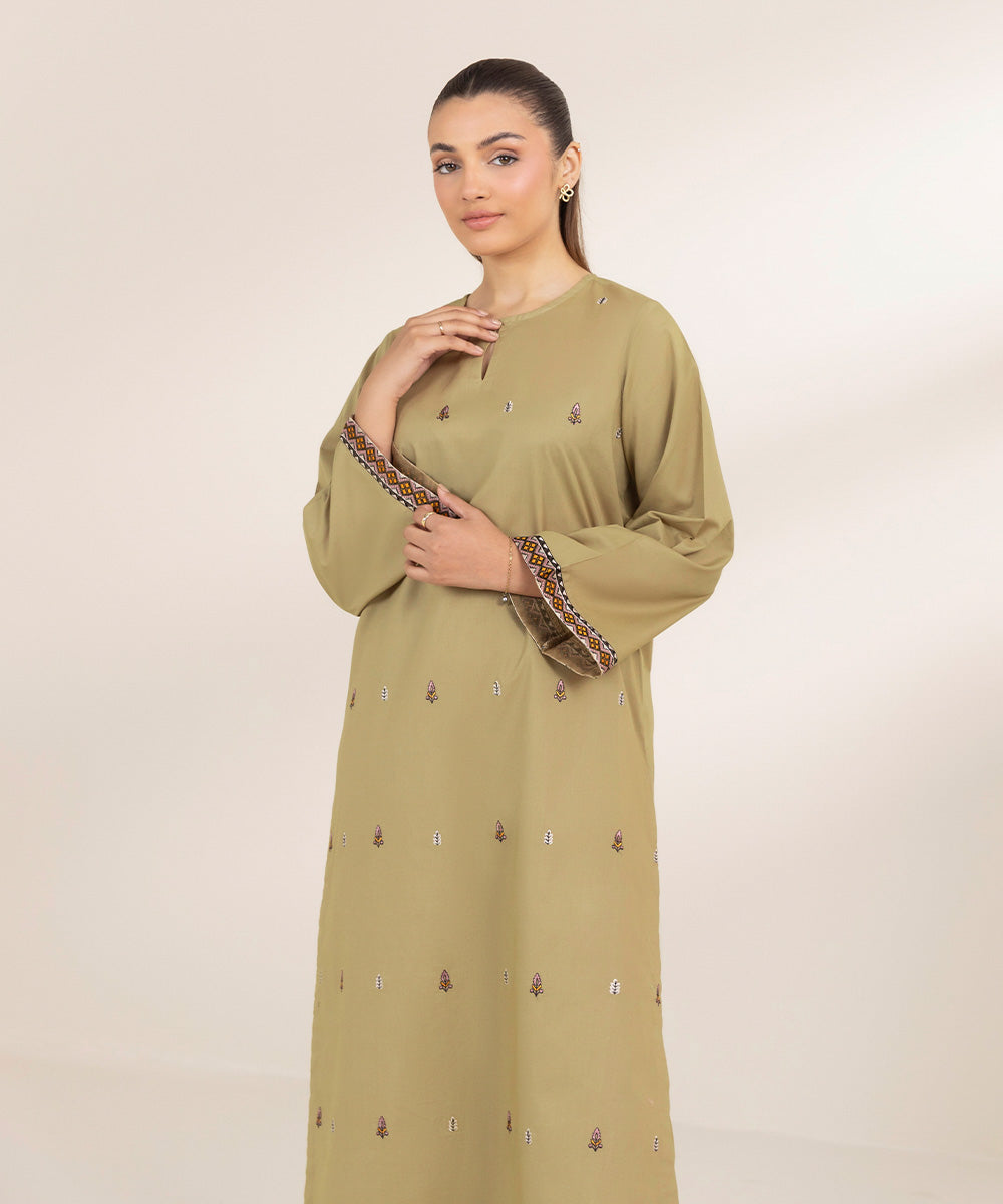 Women's Pret Cambric Embroidered Beige A-Line Shirt