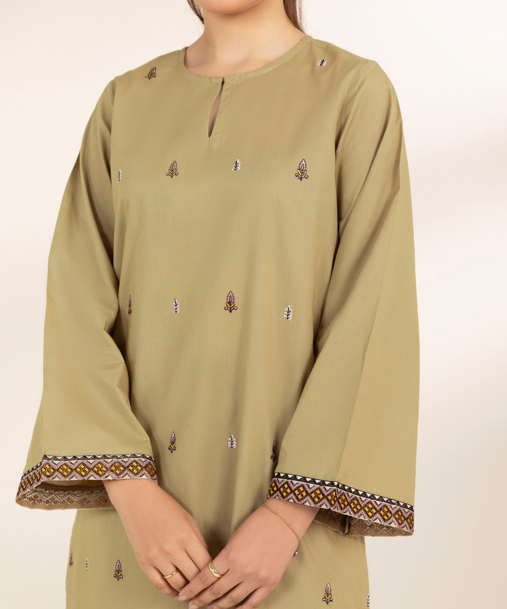 Women's Pret Cambric Embroidered Beige A-Line Shirt