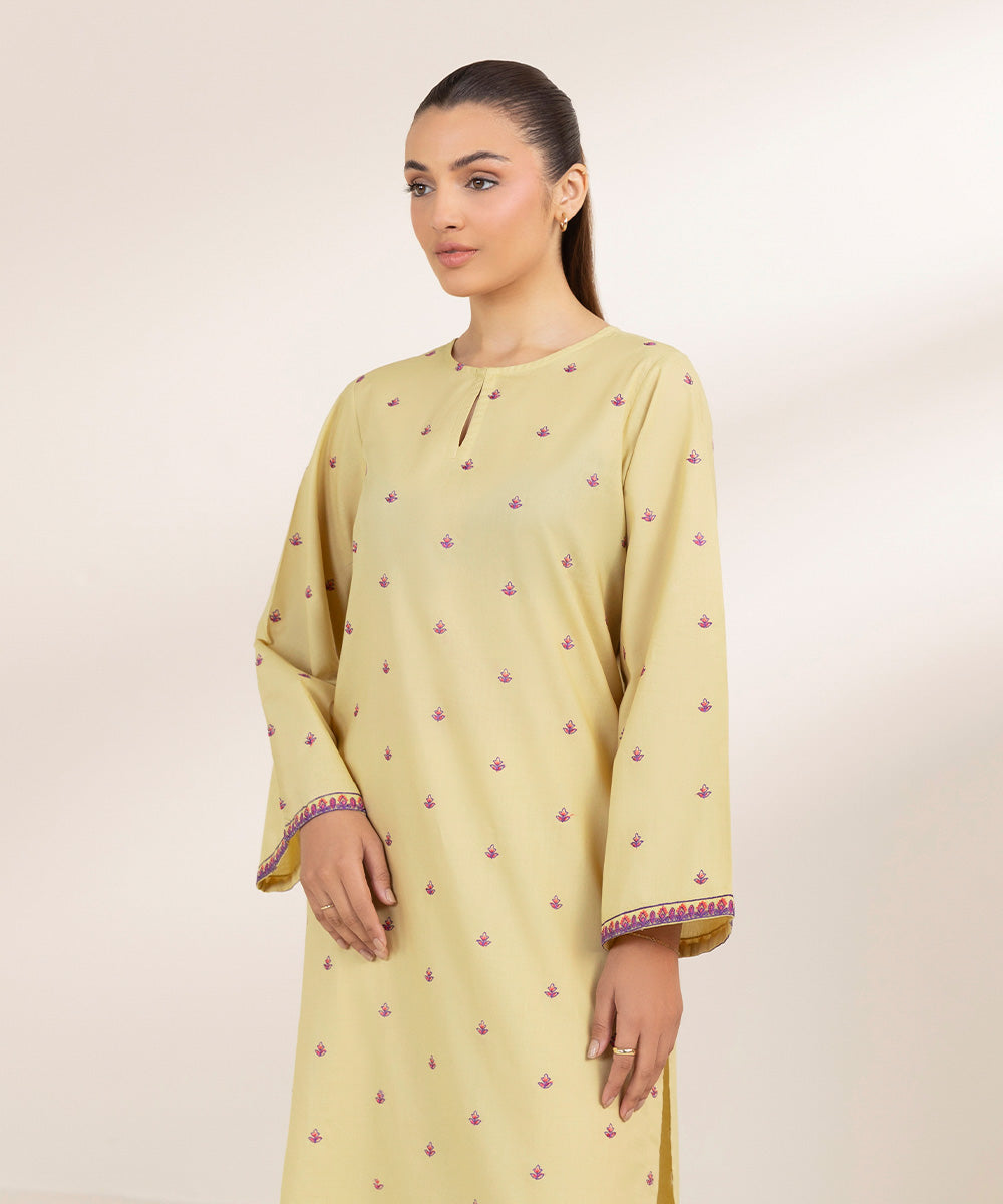 Women's Pret Cambric Embroidered Beige A-Line Shirt