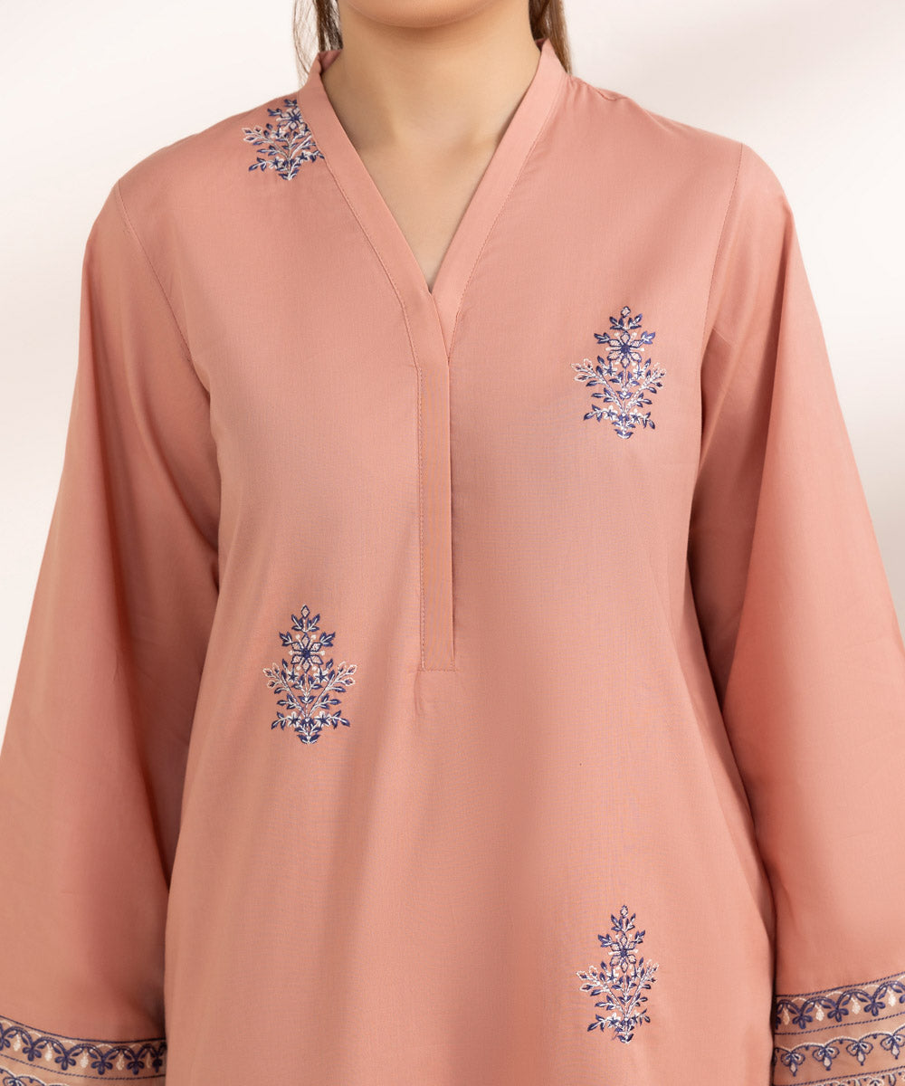 Women's Pret Cambric Embroidered Pink A-Line Shirt