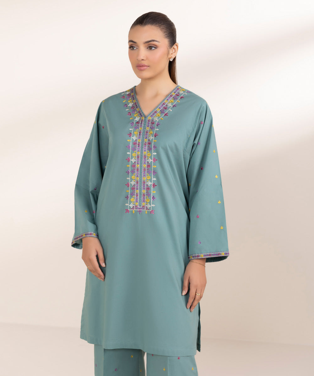 Women's Pret Cambric Embroidered Blue A-Line Shirt