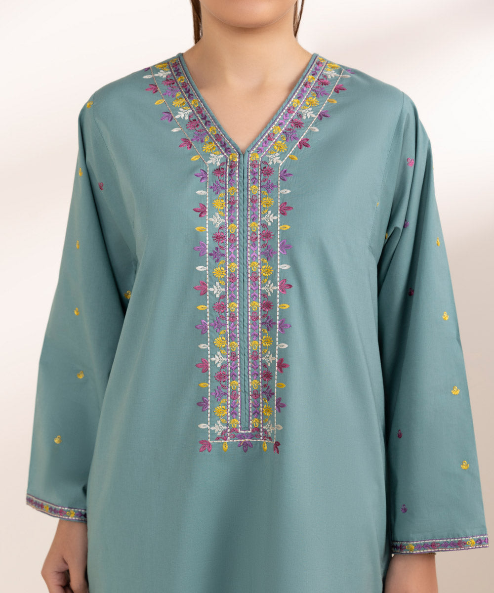 Women's Pret Cambric Embroidered Blue A-Line Shirt