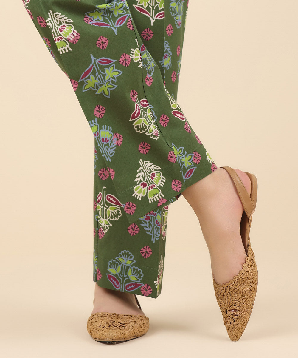 Women's Pret Cambric Green Printed Straight Pants