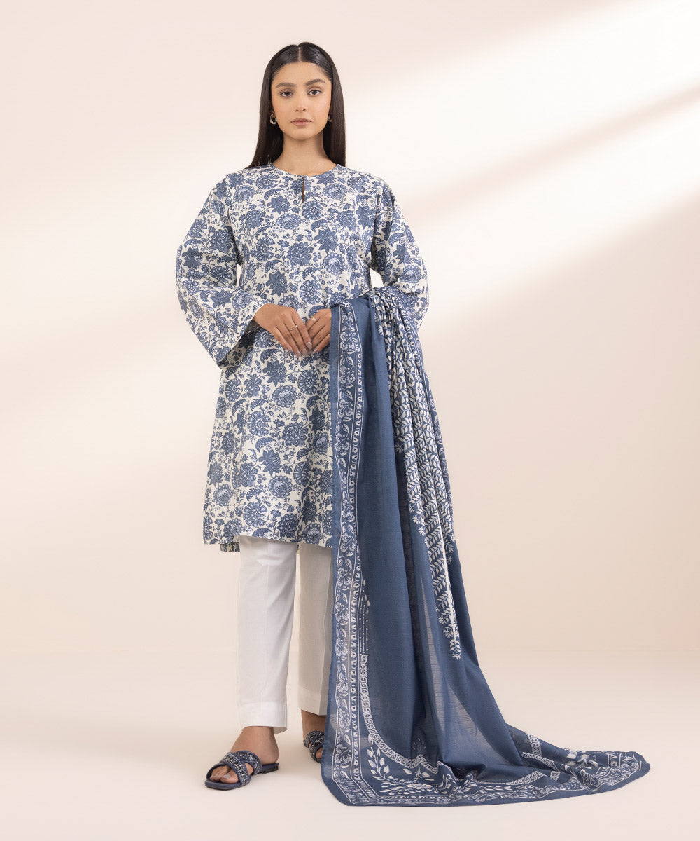 Textured Voile Blue Printed Dupatta