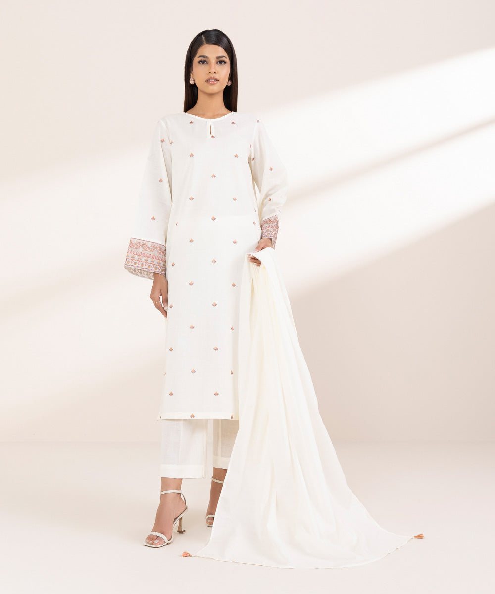 Textured Voile Off White Solid Dupatta