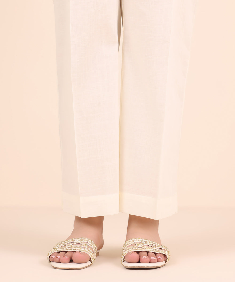 Women's RTW Cross Hatch Off White Solid Straight Pants