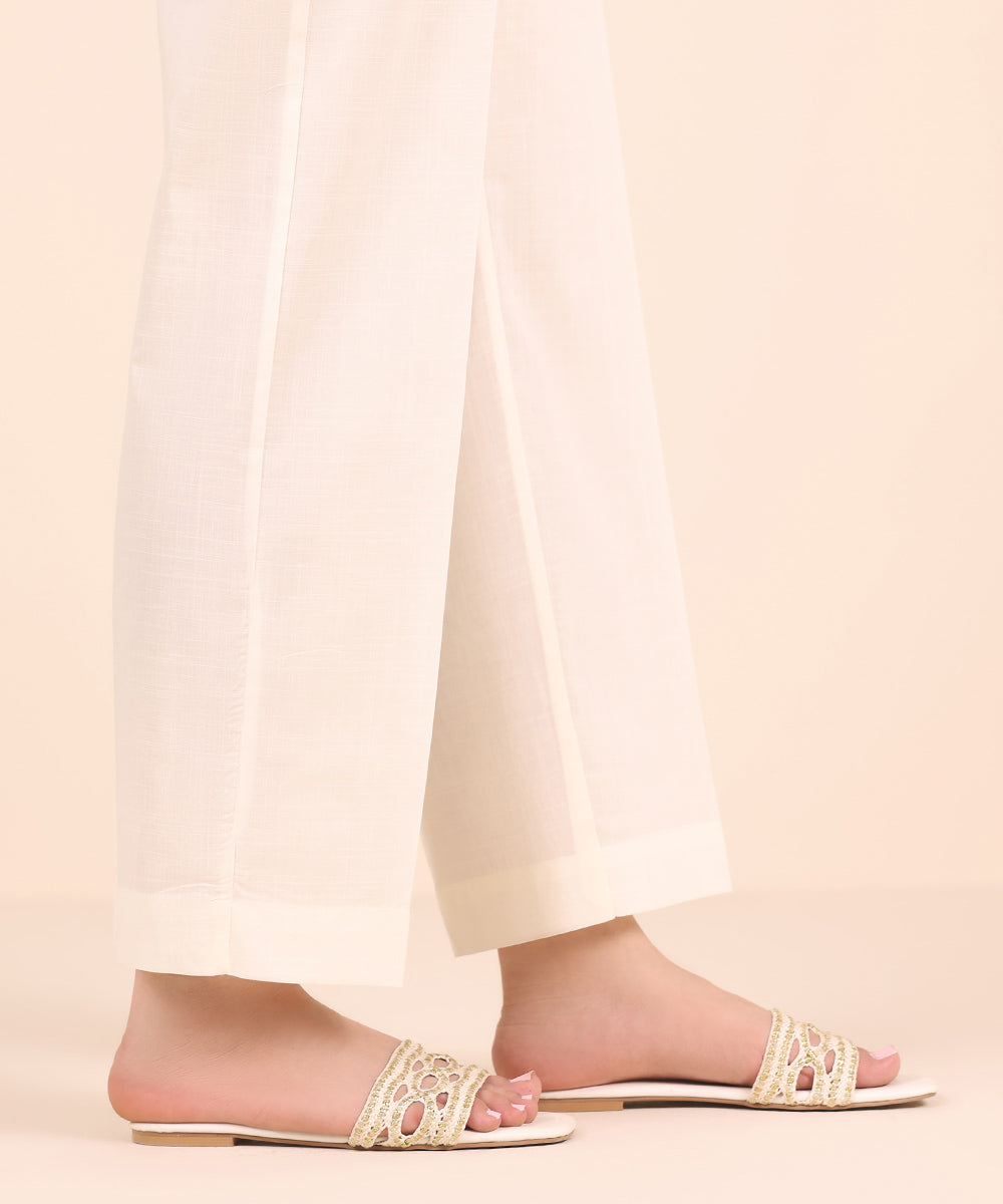 Women's RTW Cross Hatch Off White Solid Straight Pants