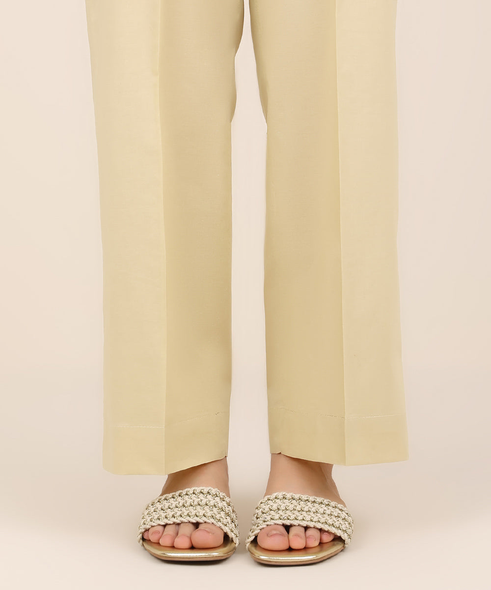 Women's RTW Cambric Beige Solid Straight Pants