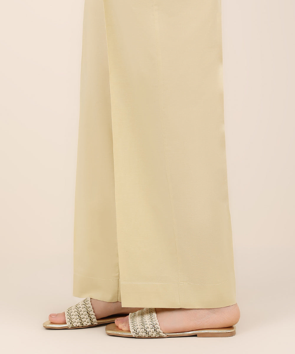 Women's RTW Cambric Beige Solid Straight Pants