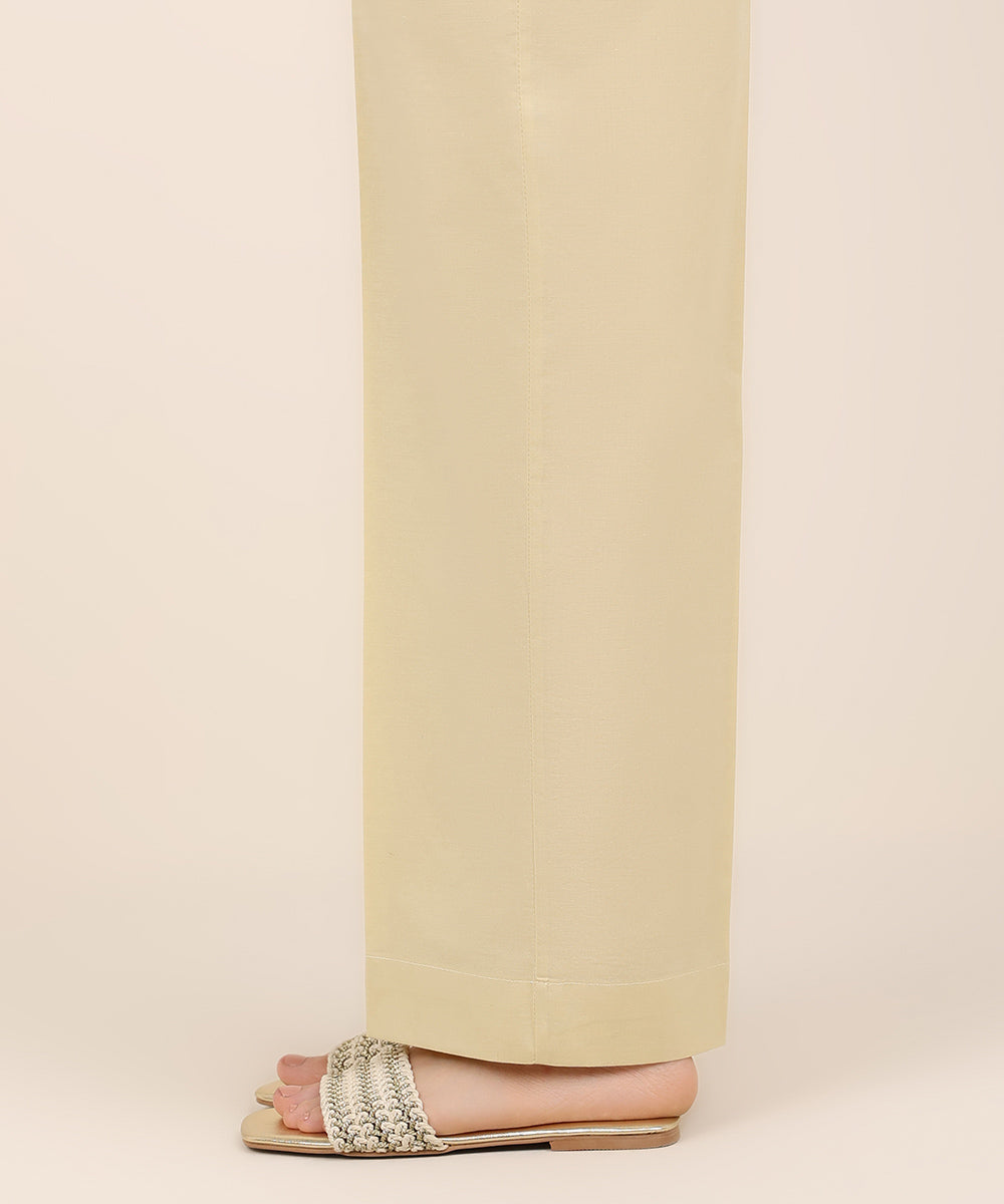 Women's RTW Cambric Beige Solid Straight Pants