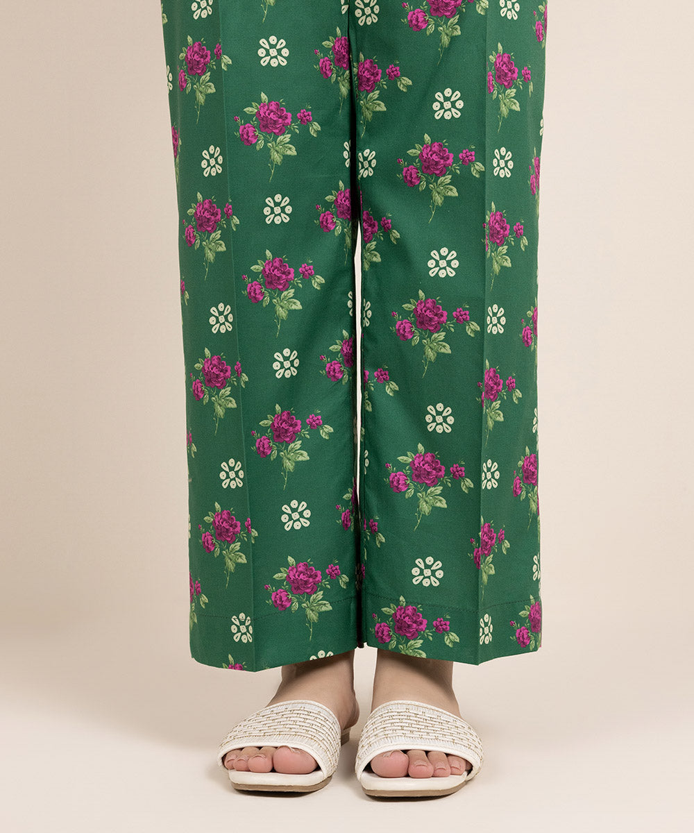 Women's Pret Cambric Printed Green Straight Pants