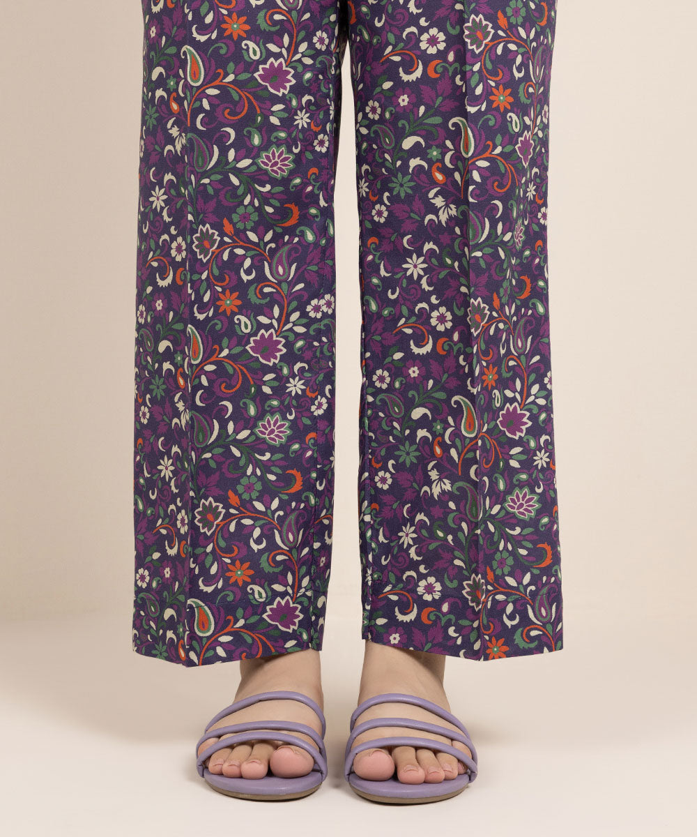 Women's Pret Cambric Printed Purple Straight Pants