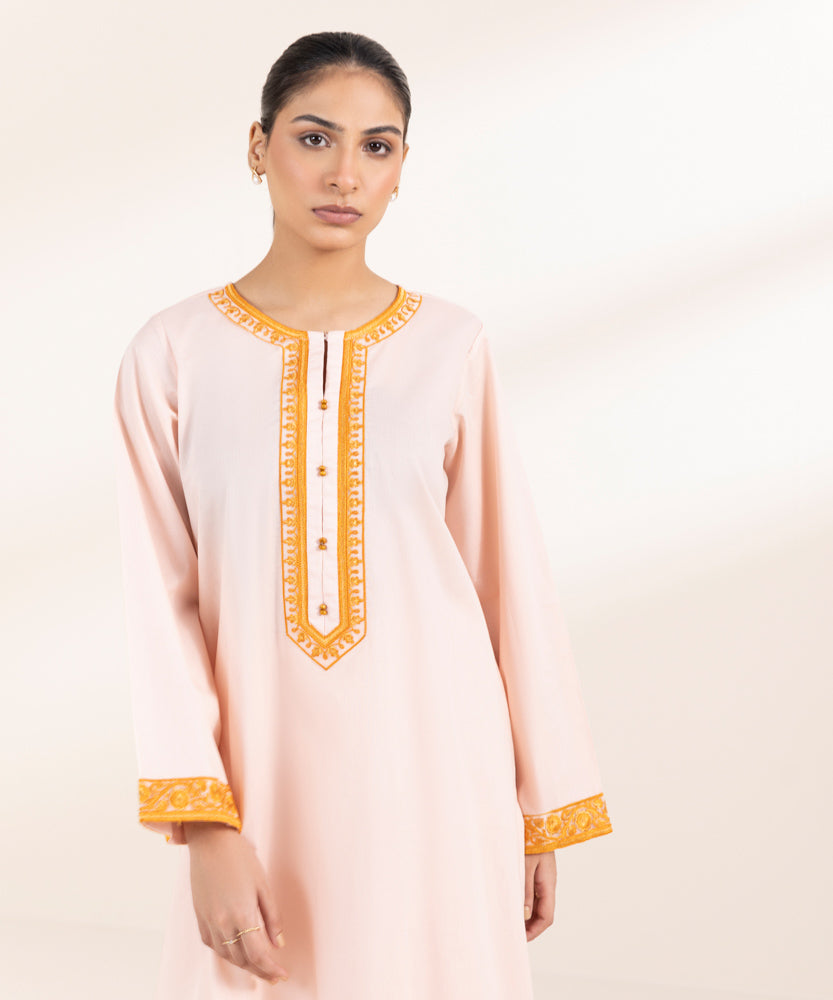 Women's Pret Solid Embroidered Soft Pink Cambric A Line Shirt