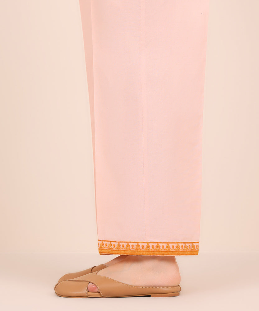 Women's Pret Solid Embroidered Soft Pink Cambric Straight Trousers