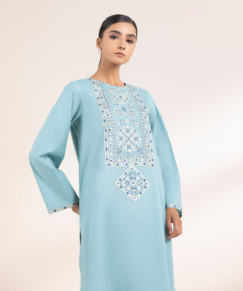 Women's Pret Solid Embroidered Sky Blue Cambric A Line Shirt