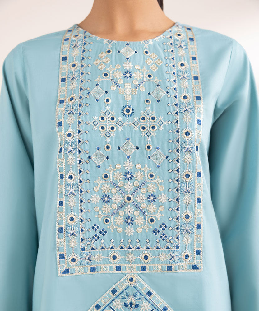 Women's Pret Solid Embroidered Sky Blue Cambric A Line Shirt