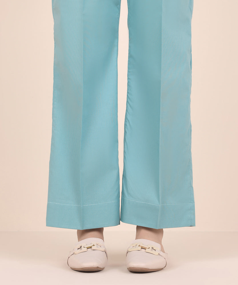 Women's Pret Solid Sky Blue Cambric Straight Trousers