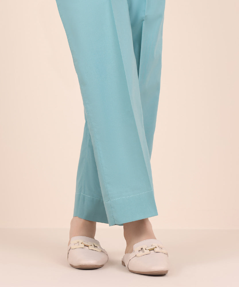 Women's Pret Solid Sky Blue Cambric Straight Trousers