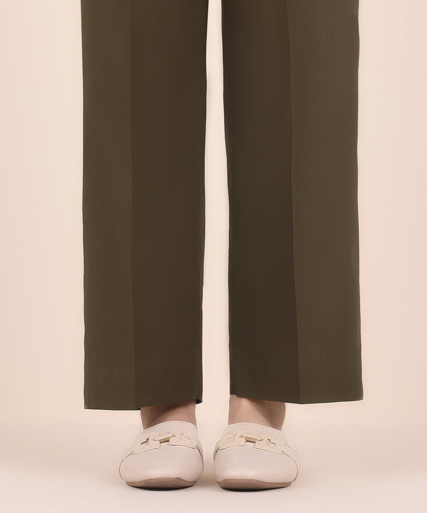 Women's Pret Solid Olive Green Cambric Straight Trousers