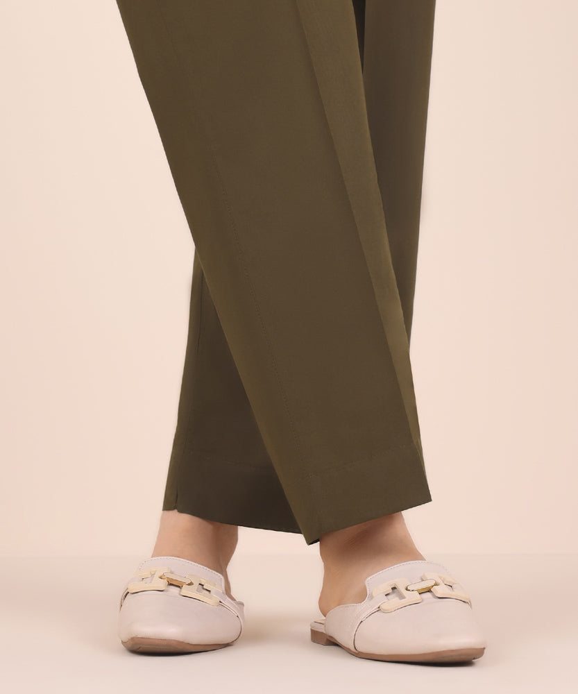 Women's Pret Solid Olive Green Cambric Straight Trousers